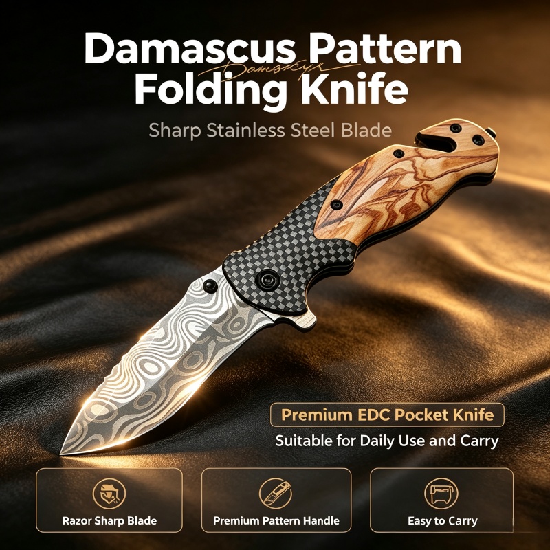 Edc Carry Pocket Knife - 다마스커스 패턴 접이식 나이프, 날카로운 스테인리스